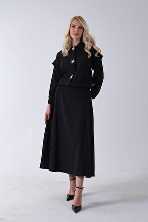 Siyah Beli Lastikli Deniz Yıldızı Çıt Çıt Kapamalı Ceket Detaylı Etekli Takım 4592269.01