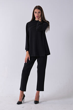 Siyah Bileği Lastikli Tunik Üzeri Detaylı Pantolonlu Takım 4577260.01