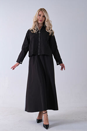 Siyah Fermuar Kapamalı  Ceket Üzeri Desenli Etekli Takım 4577259.01