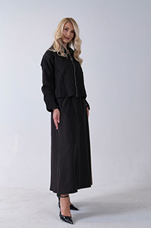 Siyah Fermuar Kapamalı  Ceket Üzeri Desenli Etekli Takım 4577259.01