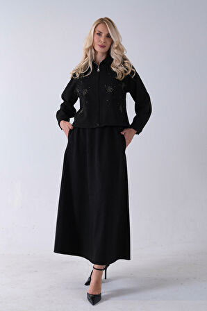 Siyah Ceket Fermuar Kapamalı Üzeri Taş Detaylı Etekli Kadife Takım 4577264.01