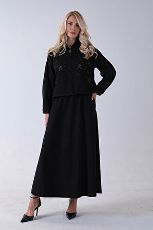 Siyah Ceket Fermuar Kapamalı Üzeri Taş Detaylı Etekli Kadife Takım 4577264.01