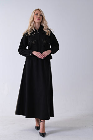 Siyah Ceket Fermuar Kapamalı Üzeri Taş Detaylı Etekli Kadife Takım 4577264.01