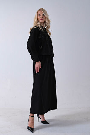 Siyah Ceket Fermuar Kapamalı Üzeri Taş Detaylı Etekli Kadife Takım 4577264.01