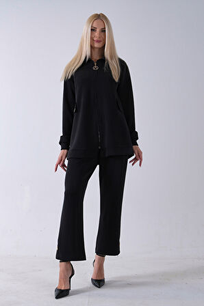 Siyah Fermuar Kapamalı 2 Cep Görünüm Detaylı Sweat Pantolonlu Takım 4577266.01