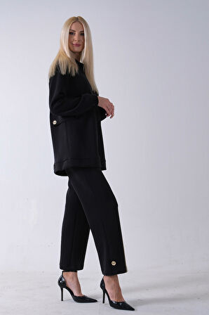 Siyah Fermuar Kapamalı 2 Cep Görünüm Detaylı Sweat Pantolonlu Takım 4577266.01