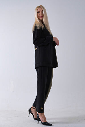 Siyah Fermuar Kapamalı 2 Cep Görünüm Detaylı Sweat Pantolonlu Takım 4577266.01