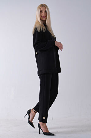 Siyah Fermuar Kapamalı 2 Cep Görünüm Detaylı Sweat Pantolonlu Takım 4577266.01