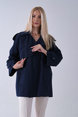 Lacivert Yandan Cepli Omuz Apolet Detaylı Trenç 422234.02