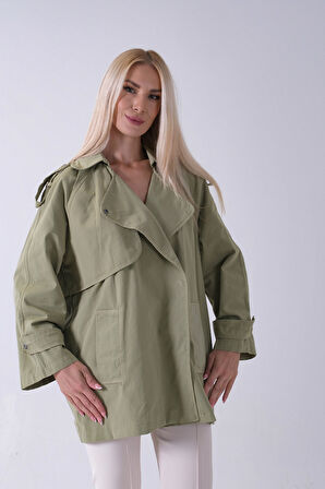 Yeşil Yandan Cepli Omuz Apolet Detaylı Trenç 422234.07