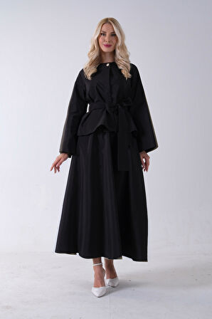 Siyah Önü Tek Düğmeli Kuşaklı Etek Ceket 31040701.01