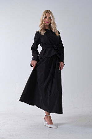 Siyah Önü Tek Düğmeli Kuşaklı Etek Ceket 31040701.01