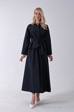 Lacivert Önü Tek Düğmeli Kuşaklı Etek Ceket 31040701.02