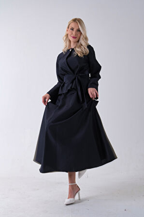 Lacivert Önü Tek Düğmeli Kuşaklı Etek Ceket 31040701.02