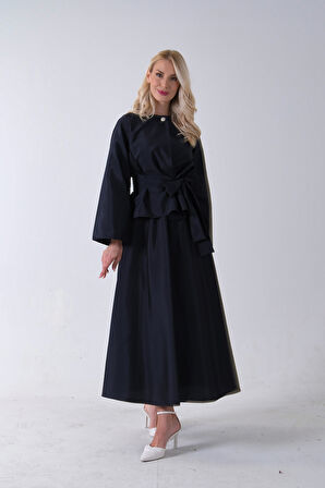 Lacivert Önü Tek Düğmeli Kuşaklı Etek Ceket 31040701.02