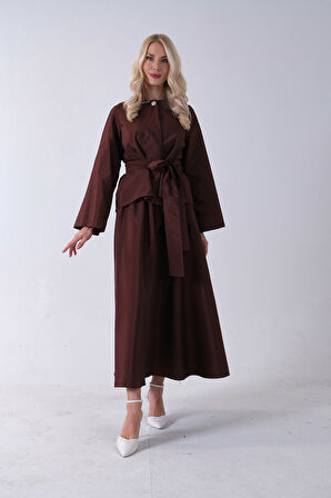 Kahve Önü Tek Düğmeli Kuşaklı Etek Ceket 31040701.05