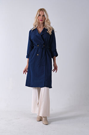 Lacivert Önden Düğme Kapamalı Yandan Cepli Kuşaklı Uzun Trenç 4200823.02