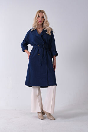 Lacivert Önden Düğme Kapamalı Yandan Cepli Kuşaklı Uzun Trenç 4200823.02