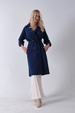 Lacivert Önden Düğme Kapamalı Yandan Cepli Kuşaklı Uzun Trenç 4200823.02