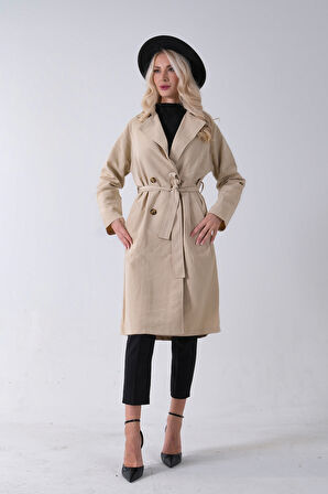 Bej Önden Düğme Kapamalı Yandan Cepli Kuşaklı Uzun Trenç 4200823.55