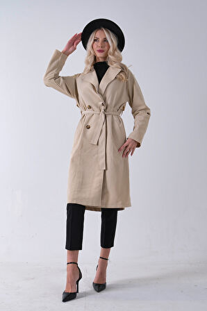 Bej Önden Düğme Kapamalı Yandan Cepli Kuşaklı Uzun Trenç 4200823.55