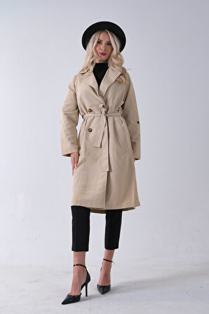 Bej Önden Düğme Kapamalı Yandan Cepli Kuşaklı Uzun Trenç 4200823.55