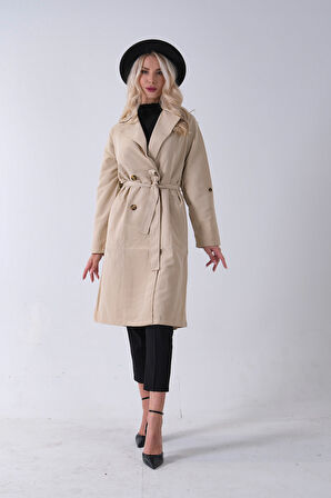 Bej Önden Düğme Kapamalı Yandan Cepli Kuşaklı Uzun Trenç 4200823.55