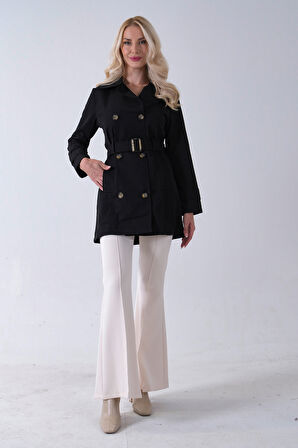 Siyah Bilek ve Omuz Apolet Detaylı Kemerli Düğme Kapamalı Trenç 4200829.01