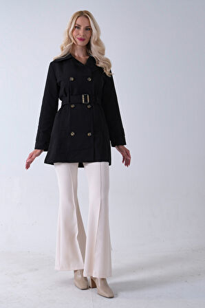 Siyah Bilek ve Omuz Apolet Detaylı Kemerli Düğme Kapamalı Trenç 4200829.01