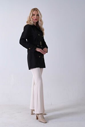 Siyah Bilek ve Omuz Apolet Detaylı Kemerli Düğme Kapamalı Trenç 4200829.01