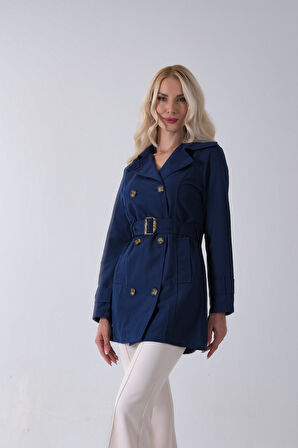 Lacivert Bilek ve Omuz Apolet Detaylı Kemerli Düğme Kapamalı Trenç 4200829.02