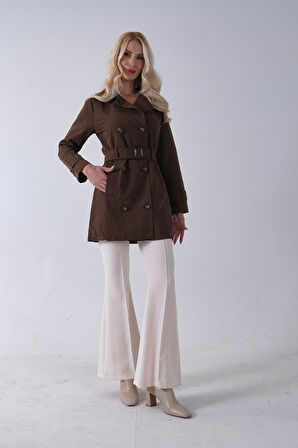 Kahve Bilek ve Omuz Apolet Detaylı Kemerli Düğme Kapamalı Trenç 4200829.05