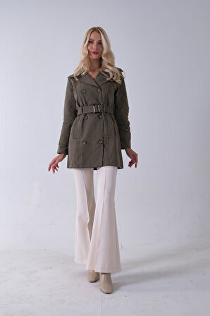 Haki Bilek ve Omuz Apolet Detaylı Kemerli Düğme Kapamalı Trenç 4200829.23