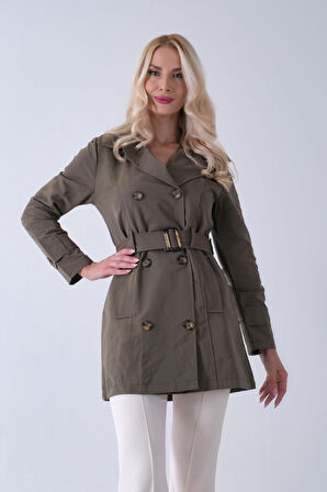 Haki Bilek ve Omuz Apolet Detaylı Kemerli Düğme Kapamalı Trenç 4200829.23