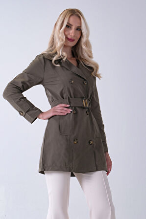 Haki Bilek ve Omuz Apolet Detaylı Kemerli Düğme Kapamalı Trenç 4200829.23