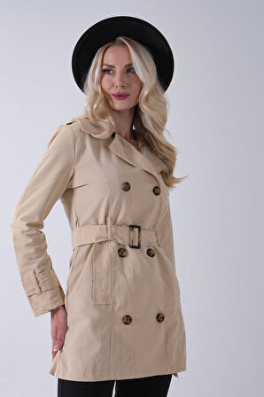 Bej Bilek ve Omuz Apolet Detaylı Kemerli Düğme Kapamalı Trenç 4200829.55