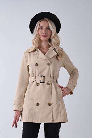 Bej Bilek ve Omuz Apolet Detaylı Kemerli Düğme Kapamalı Trenç 4200829.55