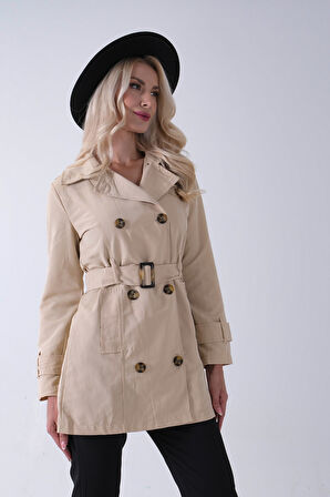 Bej Bilek ve Omuz Apolet Detaylı Kemerli Düğme Kapamalı Trenç 4200829.55