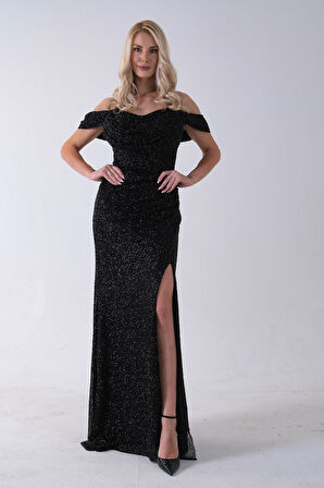 Siyah Düşük Omuz Yırtmaç Detaylı Pul Payet Abiye 9705646.01