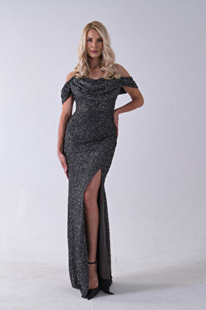 Gri Düşük Omuz Yırtmaç Detaylı Pul Payet Abiye 9705646.06