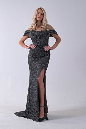 Gri Düşük Omuz Yırtmaç Detaylı Pul Payet Abiye 9705646.06