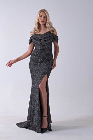 Gri Düşük Omuz Yırtmaç Detaylı Pul Payet Abiye 9705646.06