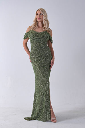 Haki Düşük Omuz Yırtmaç Detaylı Pul Payet Abiye 9705646.23