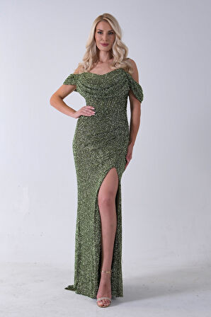 Haki Düşük Omuz Yırtmaç Detaylı Pul Payet Abiye 9705646.23