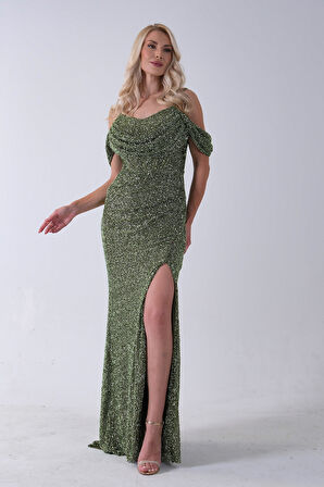 Haki Düşük Omuz Yırtmaç Detaylı Pul Payet Abiye 9705646.23