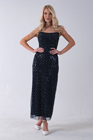 Lacivert Midi Boy Straplez Pul Payet Abiye 0801134.02