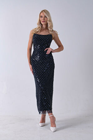 Lacivert Midi Boy Straplez Pul Payet Abiye 0801134.02