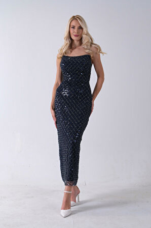 Lacivert Midi Boy Straplez Pul Payet Abiye 0801134.02