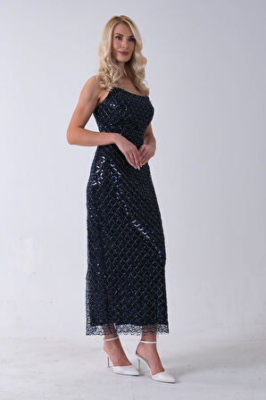 Lacivert Midi Boy Straplez Pul Payet Abiye 0801134.02