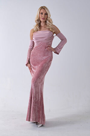 Pudra Drapeli Takma Kol Detaylı Kadife Abiye 0801068.79